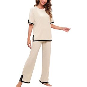 Paintcolors Women's 2 Piece Outfits Casual Pleated Short Sleeve Knit T-Shirt Tops Stretchy Wide Leg Pants Lounge Sets
