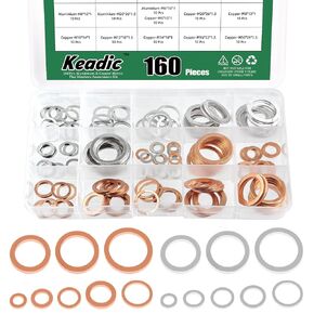 Keadic 160Pcs 16 Sizes Oil Drain Plug Crush Washer Assortment Set, Copper & Aluminum Flat Gasket Seal for Cars Track and Motorcycle, M6 M8 M10 M12 M14 M16 M18 M20