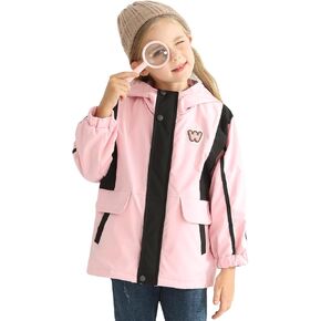 Girls Jacket Waterproof Windbreaker Fleece Lining Color Block Hooded Jackets Zip Up Kids RainCoats With Pockets
