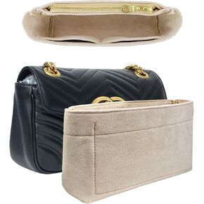 Plush Insert Purse Organizer with Zipper fit GG Marmont Matelasse Shoulder Bag, Small Handbag Tote Shaper Insert for GG Marmont Matelasse Shoulder Bag (BLACK, LARGE)