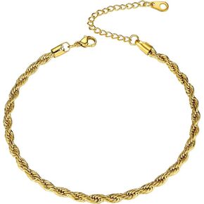 GoldChic Adjustbale Link Chain Anklet for Women Summer Jewelry, 316L Stainless Steel Figaro/Wheat/Twist Rope/Cuban Foot Bracelet-Waterproof, Resizable 9"-12" (Gift Box Included)