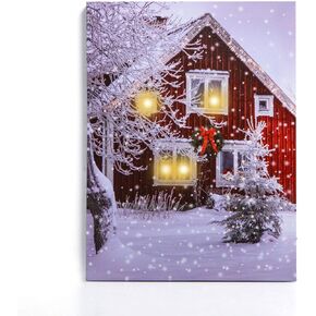 NIKKY HOME 16" x 12" Christmas LED Lighted Canvas Wall Art Prints Window Snow Scene Picture for Holiday Decor