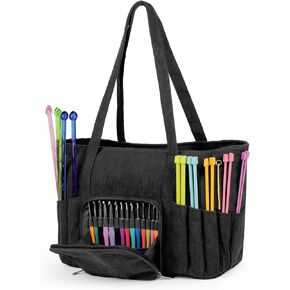 Corduroy Yarn Bag Travel Crochet Bag, Large Capacity Tote Bag Knitting Bag for Carrying Projects, Knitting Needles, Crochet Hooks and Yarn, Brown
