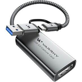 WARRKY USB 3.0 Video Capture Card, 1080P 60FPS HDMI to Type C/USB A Capture Card for Recording and Streaming [Nylon Braided Cable, Aluminum Shell] for Windows/MacOS/PC, Switch, Xbox, PS4&5-Black