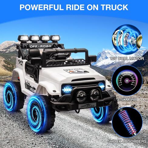 Ride On Truck Car for Kids, 12V Electric Ride On Car with Remote Control, Spring Suspension, Led Lights, Bluetooth, Music & Horn, 3 Speeds in Kuwait