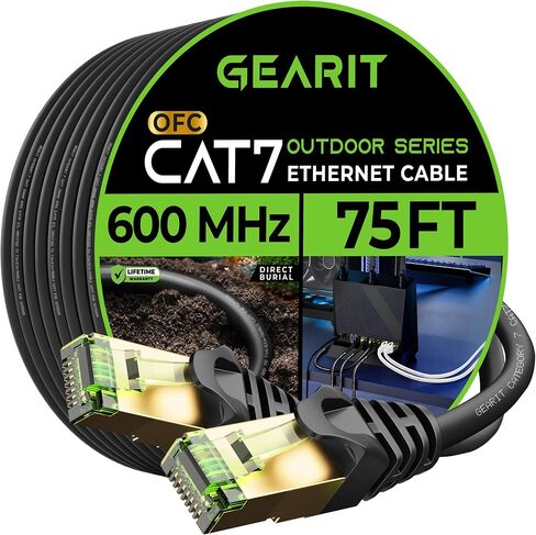 كابل إيثرنت خارجي GearIT Cat7 (50 قدمًا) زوج ملتوي من رقائق معدنية SFTP، نحاس نقي، LLDPE، مقاوم للماء، دفن مباشر، داخلي، مقاوم للأشعة فوق البنفسجية، POE، شبكة، LAN، إنترنت، Cat 7-50 قدم in Kuwait