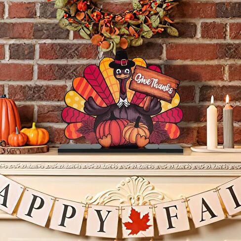 Thanksgiving Decorations Wooden Turkey Table Sign Pumpkin Autumn Table Centerpieces Standing Tabletop Happy Thanksgiving for Holiday Fall Harvest Home Room Table Shelf Farmhouse Decorations Grateful in Saudi Arabia