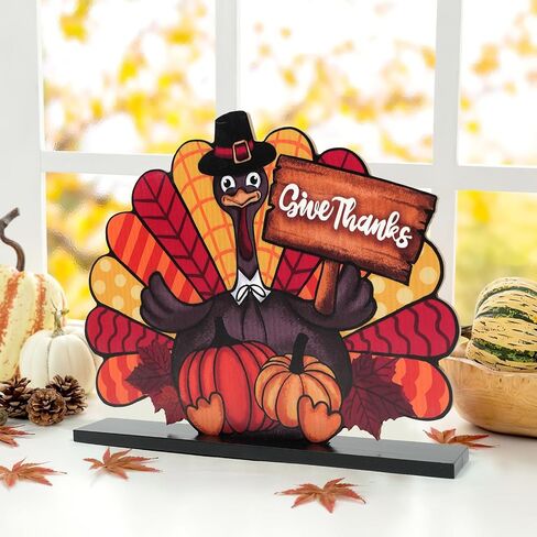 Thanksgiving Decorations Wooden Turkey Table Sign Pumpkin Autumn Table Centerpieces Standing Tabletop Happy Thanksgiving for Holiday Fall Harvest Home Room Table Shelf Farmhouse Decorations Grateful in Saudi Arabia