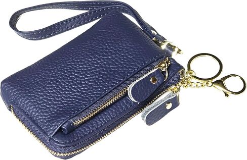 Women Genuine Real Leather Coin Purse with Hand Strap. 3 Zipper Small Wallet Wristlet with 3 credit cards slots Holder - Dark Blue in Saudi Arabia