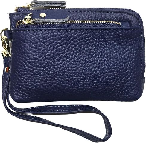Women Genuine Real Leather Coin Purse with Hand Strap. 3 Zipper Small Wallet Wristlet with 3 credit cards slots Holder - Dark Blue in Saudi Arabia