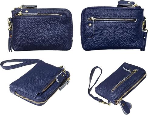 Women Genuine Real Leather Coin Purse with Hand Strap. 3 Zipper Small Wallet Wristlet with 3 credit cards slots Holder - Dark Blue in Saudi Arabia