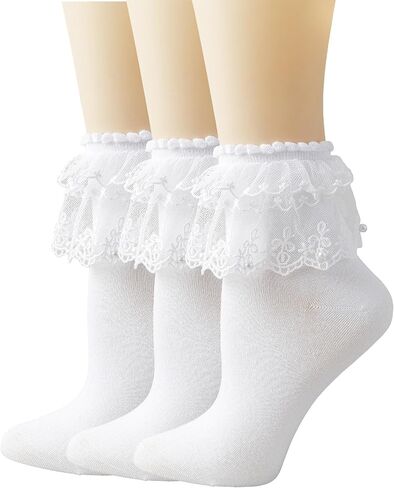 Pearl Lace Ruffle Frilly Ankle Socks for Women in Saudi Arabia