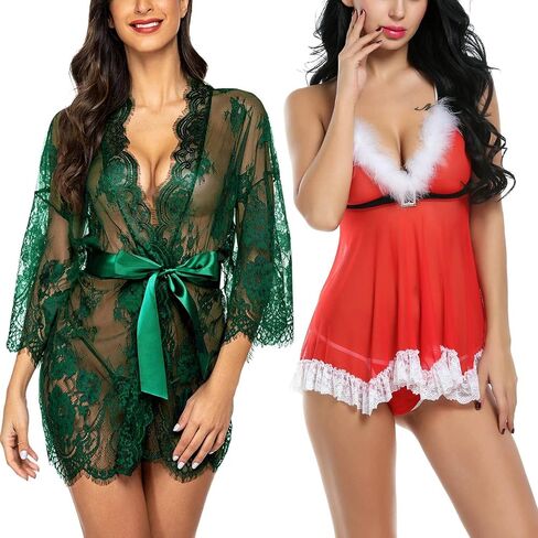 Avidlove Women's Lace Kimono Robe Babydoll Chemise(Dark Green,M) and Christmas Lingerie Santa Babydolls Chemises(Red,M) in Saudi Arabia