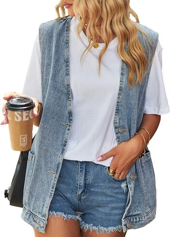 سترة جينز للنساء من قماش الدنيم خفيفة الوزن بدون أكمام وخفيفة الوزن بدون أكمام وأزرار سفلية من قماش الدنيم in Kuwait