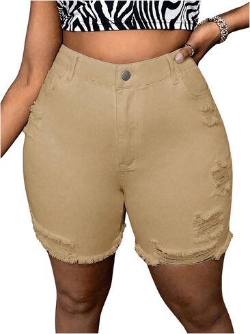 MakeMeChic Women's Plus Size Denim Shorts High Waist Ripped Stretchy Butt Lifting Jean Shorts in Saudi Arabia