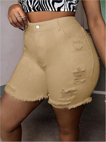 MakeMeChic Women's Plus Size Denim Shorts High Waist Ripped Stretchy Butt Lifting Jean Shorts in Saudi Arabia