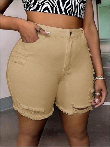 MakeMeChic Women's Plus Size Denim Shorts High Waist Ripped Stretchy Butt Lifting Jean Shorts in Saudi Arabia