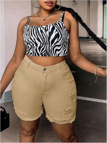 MakeMeChic Women's Plus Size Denim Shorts High Waist Ripped Stretchy Butt Lifting Jean Shorts in Saudi Arabia