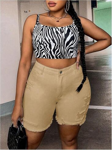 MakeMeChic Women's Plus Size Denim Shorts High Waist Ripped Stretchy Butt Lifting Jean Shorts in Saudi Arabia