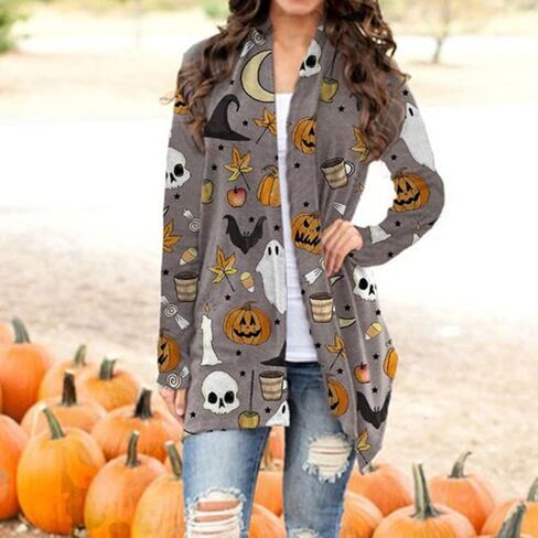 FASHGL Halloween Cardigan for Women Pumpkin Face Print Tunic Shirt Spooky Season Lightweight Long Sleeve Cardigans in Kuwait