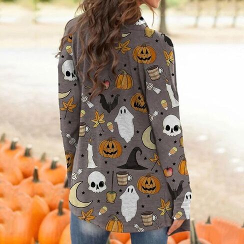 FASHGL Halloween Cardigan for Women Pumpkin Face Print Tunic Shirt Spooky Season Lightweight Long Sleeve Cardigans in Kuwait