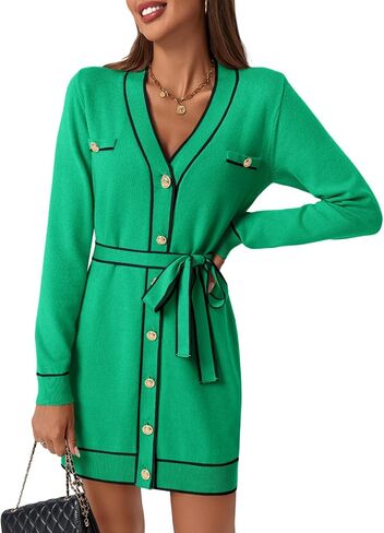 Saodimallsu Womens Long Sleeve Sweater Dress Button Down V Neck Casual Knit Preppy Mini Dresses Cardigan with Belt in Kuwait