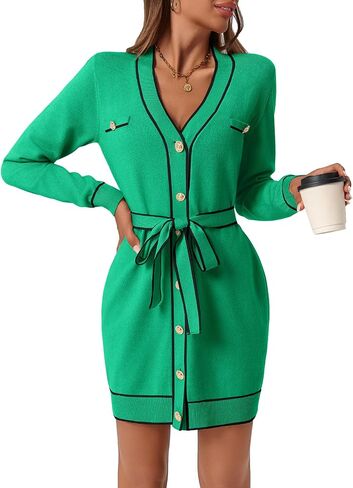 Saodimallsu Womens Long Sleeve Sweater Dress Button Down V Neck Casual Knit Preppy Mini Dresses Cardigan with Belt in Kuwait