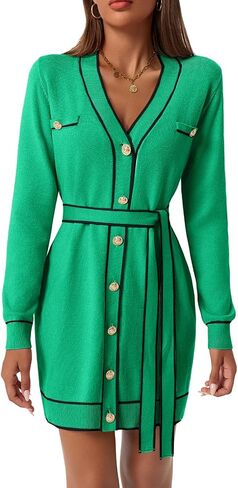 Saodimallsu Womens Long Sleeve Sweater Dress Button Down V Neck Casual Knit Preppy Mini Dresses Cardigan with Belt in Kuwait