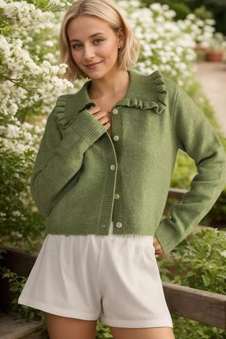 Ythomm Womens Ruffle Collar Sweater Cardigan Button Down Open Front Long Sleeve Knit Sweater Jackets Casual Solid Fall Tops in Saudi Arabia