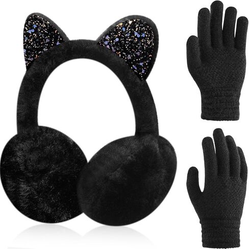 Hercicy Toddler Winter Earmuffs and Kids Gloves Set, Winter Kids Earmuff Warm Ear Muffs, 1 Pair Knit Gloves, Ages 3-10 in Saudi Arabia