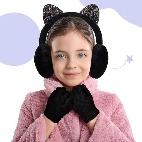 Hercicy Toddler Winter Earmuffs and Kids Gloves Set, Winter Kids Earmuff Warm Ear Muffs, 1 Pair Knit Gloves, Ages 3-10 in Saudi Arabia