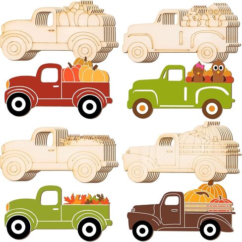 32 Pcs Thanksgiving Unfinished Wooden Cutout Fall Truck Pumpkin Cutout Blank Truck Shape Wooden Ornament for DIY Thanksgiving Fall Party Decoration, 4 Styles in Kuwait