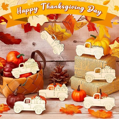 32 Pcs Thanksgiving Unfinished Wooden Cutout Fall Truck Pumpkin Cutout Blank Truck Shape Wooden Ornament for DIY Thanksgiving Fall Party Decoration, 4 Styles in Kuwait