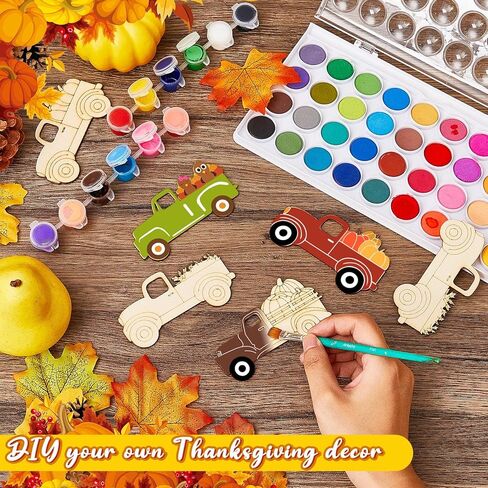 32 Pcs Thanksgiving Unfinished Wooden Cutout Fall Truck Pumpkin Cutout Blank Truck Shape Wooden Ornament for DIY Thanksgiving Fall Party Decoration, 4 Styles in Kuwait
