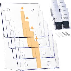 Acrylic Brochure Holder, 4 Tier Clear Literature - 8.5 x 11 inches, Pamphlet Holder, Wall Mount/Countertop Plastic Flyer Display Stand Organizer for Display Flyer, Booklet, Document