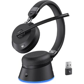 Wireless Headset with Mic for Work, Bluetooth Headset with Noise Cancelling Microphone & Charging Base, 2 Ports Hub Wireless Headset for Work from Home/Office/PC/Computer/Laptop/Call Center