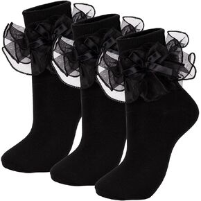 NiceBaby Women's Big Ruffle Socks Double Lace with Bows (Size 9-11, 3 Pairs)
