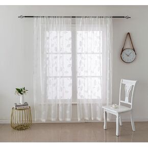 White Sheer Curtains for Living Room Embroidery Leaf Floral Curtains Window Treatments Curtains Drapes with Rod Pocket, 54 x 63 Inch, 2 Panels