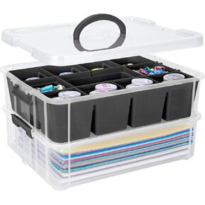 2 Layer Plastic Storage Containers with Removable Tray, Multipurpose Stack & Carry Box with Lid, Portable Craft Organizers and Storage Bin for Organizing Art & Craft Supplies, Crayon(Purple)
