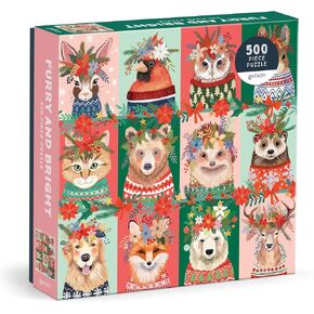 Galison Furry and Bright – 500 Piece Jigsaw Puzzle Featuring Adorable Portraits of Furry Friends Festooned for The Holidays