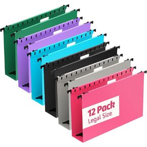 Extra Capacity Legal Size Plastic Hanging File Folders,12 Pack Reinforced Legal Size Hanging Folder with Heavy Duty 2 Inch Expansion,for Bulky Files, Medical Charts,Assorted Colors