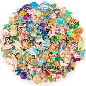 Acejoz 150Pcs Ocean Beach Sea Charms for Jewelry Making and Bracelets, Assorted Summer Charms Sea Shell Charms Jewelry Enamel Charms Bulk for Earring Necklace Bracelet Jewelry Making and Crafting
