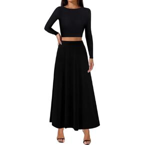 Sweet Hearts 2 Piece Sets for Women- Casual Modal Maxi Skirt Long Sleeve Crop Tops Womens 2 Piece Outfits Fall Made in USA
