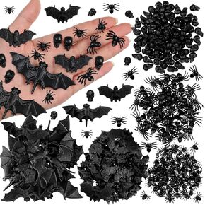 HyDren 350 Pcs Halloween Mini Plastic Bats Spiders Skull Heads, Halloween Miniatures 3D Fake Bats Small Realistic Spiders Black Skeleton Skulls Prank Props Joke Toys Party for Halloween Home Decor