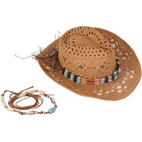 Men's Women's Straw Cowboy Hat Western Cowgirl Hat Shapeable Brim Beach Cowboy Hat Cowgirl Woven Sun Hat Two Decorative Bands