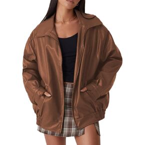 Womens Oversized Faux Leather Motocycle Jacket Zip Up Outwear Coat with Pockets