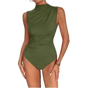 SweatyRocks Women's Mock Neck Ruched Bodysuit Sleeveless Solid Casual Jumpsuit Tops