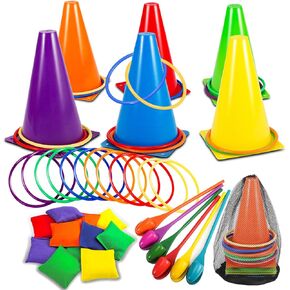 4 in 1 Carnival Games Set,36 PCS Outdoor Carnival Games Combo Set,Soft Plastic Cones Bean Bags Egg and Spoon Ring Toss Games, Kids Adults Birthday Party Lawn Game Indoor Outdoor Games