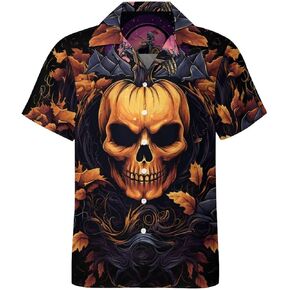 Novelty Pumpkin Skull Button Down Shirt Halloween Shirts for Men Hawaiian Shirts Short Sleeve
