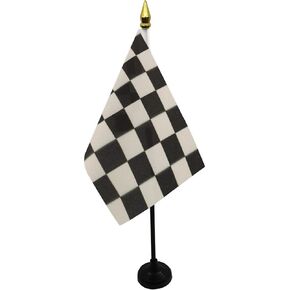 Checkered Black and white Table Flag 4'' x 6'' - Car race Desk Flag 15 x 10 cm - golden spear top - AZ FLAG
